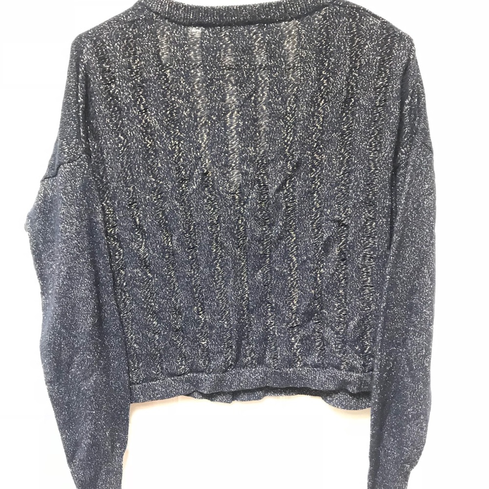 Navy blue cardigan sweater with gold stitching